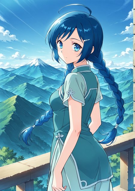 <lora:Ling-Er__Battle_Through_the_Heavens__Illustrious:1>
1 girl, solo, blue eyes, blue hair, braid, twin braids, long hair, ahoge, chinese clothes, short sleeves, hair ornament, hairclip, 
score_9, score_8_up, score_7_up, source anime, BREAK, cowboy shot, (from side), looking back, looking at viewer, overlooking mountain, high altitude, scenery, exterior, background