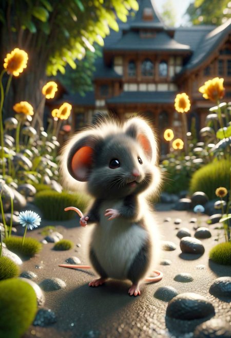 ral-fluff,<lora:ral-fluff:1>,
chibi,masterpiece,best quality,original,official art,black metallic fantasy mice,hat,flower,blurred background,rendering,beautiful detailed glow,(detailed ice),beautiful detailed water,sunny, blurred flower, happy, stand in Front of a House made off cheese