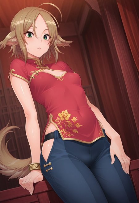 masterpiece, best quality, amazing quality,, (1girl, solo) noa riads, animal ears, green eyes, tail, brown hair, short hair, ahoge, dog ears, dog tail, long tail, , small breasts,chinese clothes, solo, dress, bracelet, ribbon, pants, blue pants, makeup, short sleeves,  shiny skin, shiny body, shiny hair, (best quality) , (highly detailed) ,((masterpiece)), ((best quality)), (ultra-detailed), ((extremely detailed)), (high resolution), 4K, (8K), best quality, (beautiful), (dynamic lighting), (super detailed skin), sharp focus,detailed eyes、detailed face and detailed skin detailed eyes、detailed face and detailed skin, skindentation, clear skin, shiny hair, ultra detailed eyes, depth of field, sharp, intricate details, hyperdetailed, shindol, Shindol style