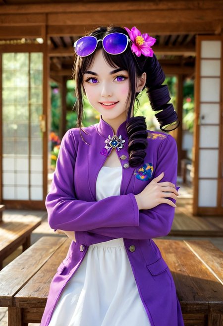 1girl, solo, yorigami jo'on, (drill hair:1.2), (eyewear on head:1.3), (jewelry:1.3), (white dress:1.4), (purple jacket:1.5), (facing camera:0.8), (slightly open mouth:0.1), natural pose, (light entering from left:1.5), (Japanese-style temple:1.5), (sliding doors:1.4), (vibrant flower garden:1.2), (blurred temples in background:0.8), (character's left shoulder closer:1.3), (thick paint style:1.4), (facing down shyly:1.1), (blushing:0.7), (jewelry:1.3), (white dress:1.4), (purple jacket:1.1), (facing camera:1.5), (shy smile:0.2), (nervous smile:0.7), (head tilted clockwise:1.3), (shoulders slightly hunched:1.2), (sliding doors:1.4), (vibrant flower garden:1.2), (blurred temples in background:0.8), (arms resting on table:1.5), (hands resting firmly on table:1.2), (arms on table:1.6), (no hand movement:1.3), (crossed arms on table:1.6), (thick paint style:1.4), (head slightly tilted:1.3), (furrowed brows:1.7), (mouth slightly open with smile:0.4), (embarrassed:1.5)(looking at the camera:1.6), (playful yet uncomfortable expression:1.2), (slight shoulder shrug:1.3), body leaning slightly forward, soft sunlight shining in from the left, temple room with sliding doors half-open,  colorful flowers outside, other distant Japanese buildings blurred, (morning light:0.8), (bright:0.6), warm lighting, anime style highly detailed shadows, warm atmosphere, anime art style, sunlight on face, soft glow. <lora:char-joon:1>
