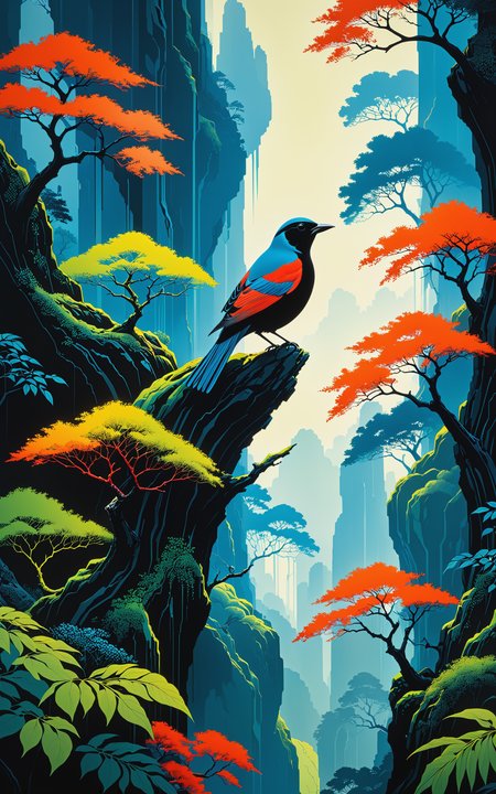 Eyvind Earle . birds (1968) Serigraph on paper, ultra hd, realistic, vivid colors, highly detailed, UHD drawing, pen and ink, perfect composition, beautiful detailed intricate insanely detailed octane render trending on artstation, 8k artistic photography, photorealistic concept art, soft natural volumetric cinematic perfect light<lora:xl_more_art-full_v1:0.4>