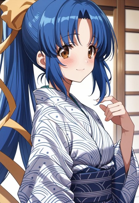 score_9, score_8_up, score_7_up, source_anime,  shimizu sayaka, long hair, blue hair, brown eyes, 1girl, solo, ponytail, japanese clothes, kimono, yukata, ribbon, blush, hair ribbon, smile