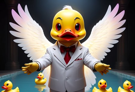 Duck robot, DuckiferXL,neotech, glowing, scifiBizarrely,  Glorious, Giant robot looming, very upset, Mystical being with iridescent wings, a delicate smoky veil, hands reaching out for a hug