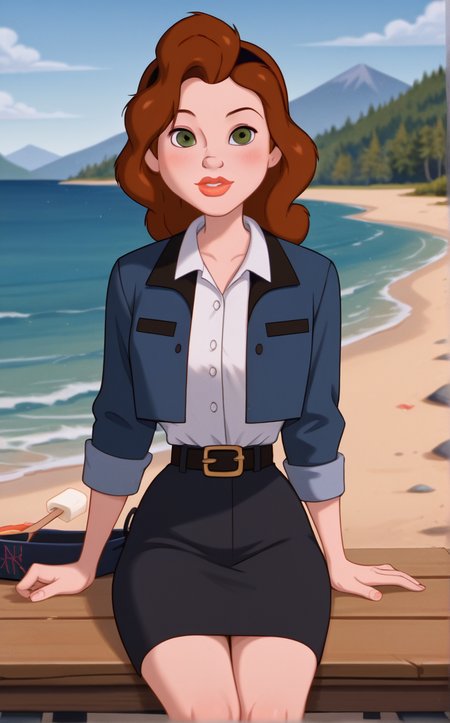 score_9, score_8_up, score_7_up, absurdres, 1girl, arm support, beach, holding food, parted lips, looking at viewer, mountain, ocean, popsicle, river, rock, sitting, water, blush, outdoors, day,<lora:PONYXL_IronGiant_AnnieHughes_ownwaifu:1>, BREAK JacketShirt_AnnieHughes_ownwaifu, 1girl, breasts, brown hair, collared shirt, eyeshadow, green eyes, lipstick, long hair, makeup, nose, red lips, white shirt, black hairband, blue jacket, long sleeves, open jacket, black belt, dress shirt, shirt tucked in, belt buckle, black skirt, formal, lips,<lora:add-detail-xl:0.15>,