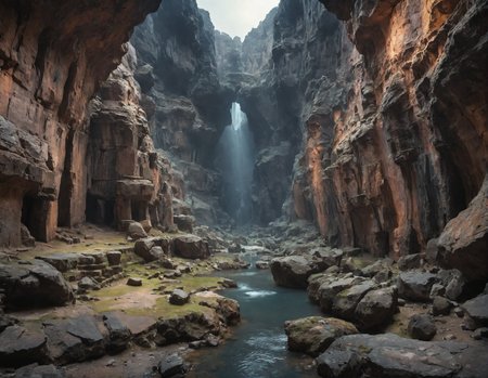 space-age, (unusual), dramatic, underground ancient city, (photo by Rembrandt:1.2), rich cold moody colours, amazing composition, <lora:add-detail-xl:1>, breathtaking canyon landscape with its layered rock formations