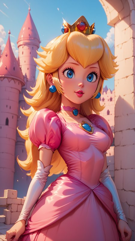 score_9,score_8_up,score_7_up,score_6_up,score_5_up,score_4_up BREAK skinny,choker,medium breasts,detached sleeves,princess peach,pink dress,castle,outside,bloom,<lora:Princess_Peach_Shiny_Style_V2:1>,