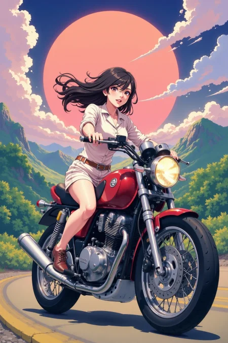 a woman driving a motorcycle beautiful anime landscape, noon, woman, very intricate, very detailed, sharp, bright, colorful, <lora:Hand v2:0.5> <lora:Anti-Blur:1><lora:Insane Detail Slider:0.25>  <lora:flux.1_lora_flyway_Epic-detail_v2:0.3> <lora:fluxenhancer:0.25> <lora:ROWER:0.6> <lora:ck-flaani-flux:0.6> flaani