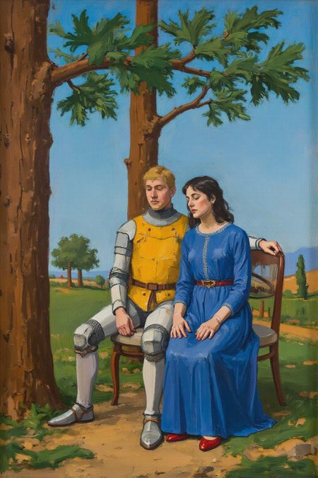 euanuglow1 painting.
A blonde knight and a lady sitting under a tree. The lady has dark hair and is wearing a blue dress. The knight is sleeping with his head on the leg of the lady  <lora:euanuglow1_cap_d6aee11:1.0><lora:845541518832942633:0>