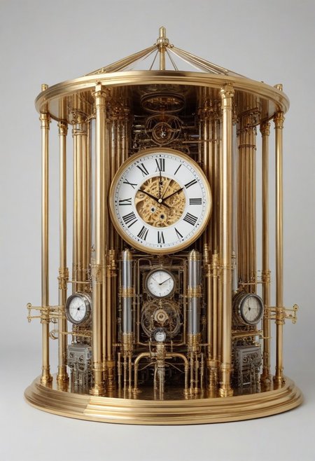masterpiece, best quality, high resolution, 
clock in (qu4ntum style), covered in (brass pipes) and (silver wires) and gold circuits,
simple background, 
cinematic,
