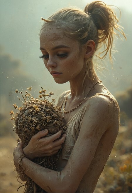 (Dust and particles:1.1) are floating in a dense atmosphere. Volumetric lighting adds the depth to the scene.
This surreal hyper-realistic full body photograph depicts a mutated feminine human being with rare thick and short protrusions scattered on natural skin surface. (Organic protrusions:1.3) look like weirdly looking (spiraling bumps and ripples on the skin:1.2). Body hair and sparse coat around the protrusions adds realism. Golden-violet veins and finest folds adds to surreal qualities of the picture.
Excess analog film grain, light leaks and color bleeding, color fade out, creamy bokeh ellipses gives a very strong feel of ancient analog film photograph or old found photo card from mid-20th century.
In background there are unclear silhouettes of weirdly-looking alien animals wandering by the extraterrestrial wild landscape with rare phallic vegs protruding from ground.
Creature caresses some formless organic blob with bumpy surface.
Characters anatomy is weirdly curved and deformed as if something bent it's limbs in wrong directions.
Image features an exceptional realism. Cinematic look and feel with professional color grading and slight cinematic yellow-green toning. Its hands are perfectly rendered with anatomically correct five fingers. Creature sex is ambiguous because there are no primary sex attributes noticeable under its clothes. Clothes are also generic without any allegiance to any sex.
BREAK alien female. bumpy skin surface, mutations, skin protrusions, organic protrusions and bumps, organic sprouts on skin. surreal fantastic photograph.
BREAK (perfectly rendered hands, anatomically correct five fingers, detailed eyes, long lashes perfectly rendered with finest details:1.2). (source_photo, source_real, content_realistic:1.125). (analog film photography precise imitation, cinematic still, cinemascope, cinematic color grading, cinematic warm-yellow-green toning,  decaying metals:1.3). (Curved volumetric  light rays:1.3).
<lora:Consistency Corrector XL:0.75>  <lora:add-detail-xl:1> <lora:detailed_eye_model:0.85> <lora:BodyDetailsPonyXL:0.75> <lora:FaceSkinDetailsPonyXL:0.9> <lora:Detailed_eyes:0.85> <lora:zy_Detailed_Backgrounds_v1:0.95> <lora:SkinandBodyDetailsPonyXL:0.8>