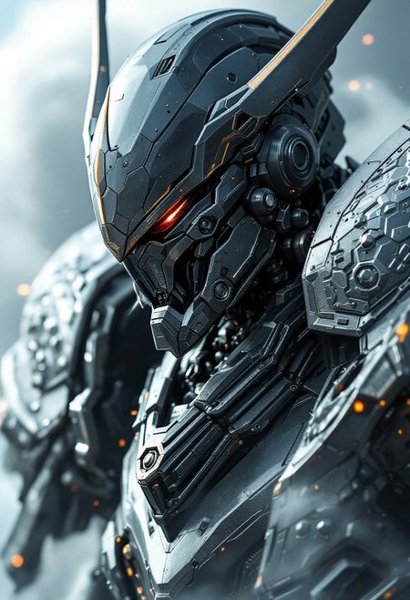 Realistic closeup ethereal the super giant robot wars, which were far from reality. The entire body is Asura (fighting demon) mechanical materials inspired by prehistoric steampunk and samurai heads. Close-up over-the-shoulder aircraft. Zeroing in on everything. A variable bipedal decisive battle machine that wears the armor that samurai wear in war.
 His second name is Minimalist or "Keeper of Time". He turns back all time. He flies swiftly, keeping the mountains under his eyes. With white smoke drifting at his feet, he has more pride than any other man, and even shivers when he is seen this close up, his jet-black aircraft. It has a slim, high-orbit samurai-inspired blade, glistening with a fusion of vein and neon hybrid oil.
 Let's turn back time." Once that robot is set in motion, all events rewind. Ruler of time, messenger of perpetual peace. The God of Destruction, the God of Fear. Various anecdotes remain in various places. Once set in motion, it envelops everything in ash and illusion.
 A samurai of the Warring States period with a retro lacquer tone with wabi-sabi based on black and a sense of luxury. His only weapon is the famous sword Masamune. There is nothing that his sword cannot cut.
 When he moves, he leaves behind an afterimage to disturb others and draws trails like an ink painting, dancing and leaping with the sparkle of an ink painting of a Japanese painting.
 An irreconcilable presence.
 Just as if they are decorating the desolate land with flowers
