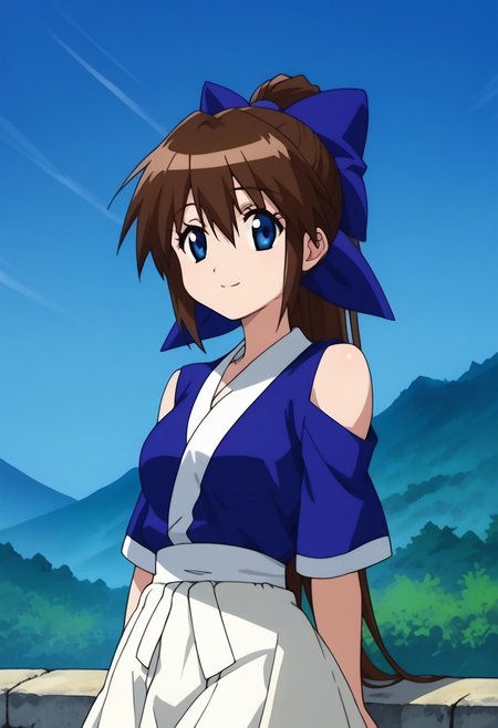 score_9, score_8_up, score_7_up, source_anime, highly detailed, 
suzuaira, 1girl, solo, brown hair, long hair, ponytail, blue eyes, bow, hair bow, blue bow, japanese clothes, shirt, blue shirt, short sleeves, bare shoulders skirt, white skirt, 
outdoor, island, palms, sky, upper body, smile,