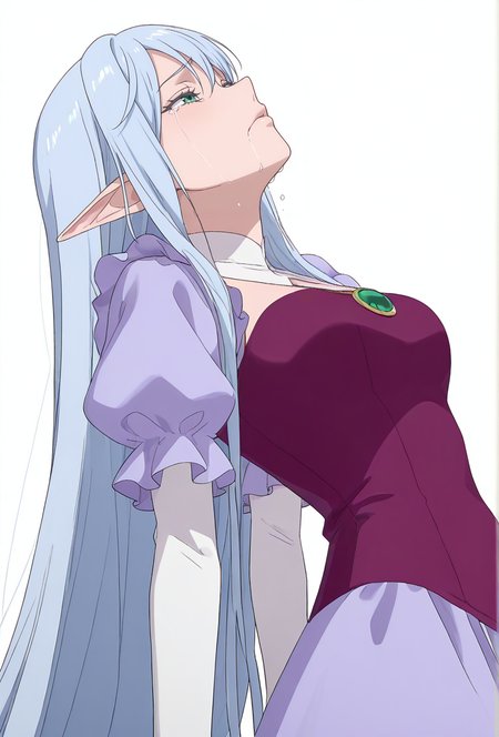 Smooth Quality,masterpiece,very intricate, high quality details, ultra realistic, high detailed skin,detailed enviorement,absurdres,
simple background, white background, 
leaning back,sobbing,
 <lora:El-Ru_Sarion_Elmesia_cnn:0.8>elmesiacnn,1girl, green eyes, pointy ears, blue hair, very long hair,
purple dress,white gloves, elbow gloves,