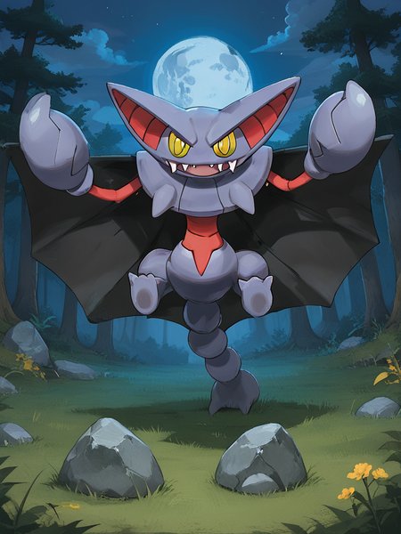 score_9, score_8_up, score_7_up, score_6_up, score_5_up, score_4_up, masterpiece, 32k, highres, absurdres, sharp outlines, raGliscor, black wings, yellow eyes, yellow sclera, red torso, red arms, purple skin, pokemon \(creature\), outdoors, sky, forest, no humans, night, fangs, moon, standing on tail, grass, nature, rock, (full moon:1.3), glowing moon, shadows, front view