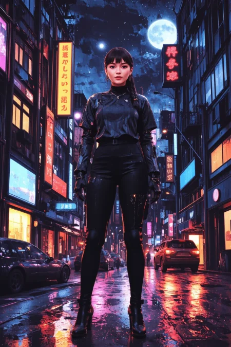 dutch braid medium brown hair young cyberpunk woman, anime, illustration, cyberpunk, futuristic, extremely detailed, portrait, standing, happy smile, beautiful cyberpunk tokyo buildings landscape, wet floor, windows, car, motorbike, moon in the sky, bright neon lights, screen holograms, kanjis, raytracing, hdr, high contrast, cinematic lights, backlight, reflections, legs, heels, sharp focus, luminous Siena Brown robot glossy brilliant armor, body lights, body circuits, glossy lipstick, necklace, wire earrings, colorful, retrowave, shadows, vibrant colors, colorful, bright, pretty, beautiful, feminine, sexy, lovely, in love, adorable, fashion, <lora:Hand v2:1> <lora:Anti-Blur:2> <lora:Insane Detail Slider:0.5>  <lora:flux.1_lora_flyway_Epic-detail_v2:0.3><lora:fluxenhancer:0.5> <lora:RetroAnimeFluxV1:0.3> <lora:CPA:0.6> <lora:Luminous_Shadowscape:0.3>  <lora:Neon_Noir_FLUX:0.4> mad-neon-noir  <lora:bv-cybstyenh-v1_rank16_bf16:0.3>