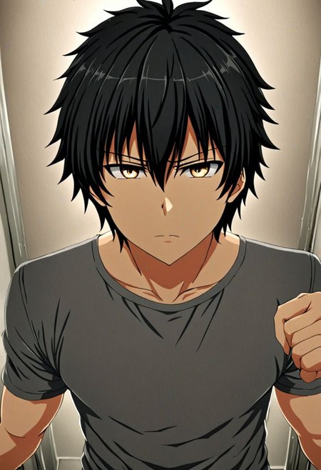 high resolution, solo, best quality, 1Boy, Seiya Kanie, black hair, short hair, kabedon POV, T-Shirt, OverallDetail