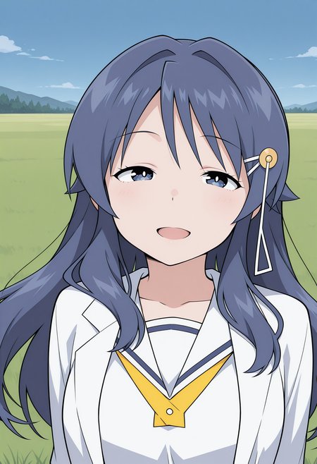 oohara_kotone, blue eyes, blue hair, long hair, hair ornament, hairclip, lab coat, school uniform, sailor collar, long sleeves, white shirt, <lora:oohara_kotone_illustrious_ver2:0.8> 
smile,, masterpiece, best quality, sensitive,, 1girl, solo, blue sky, (grasslands:1.2), looking at viewer,, (upper body:1.2), (close-up:1.2), (facing viewer:1.2), (open eyes:1.4), (portrait:1.2)