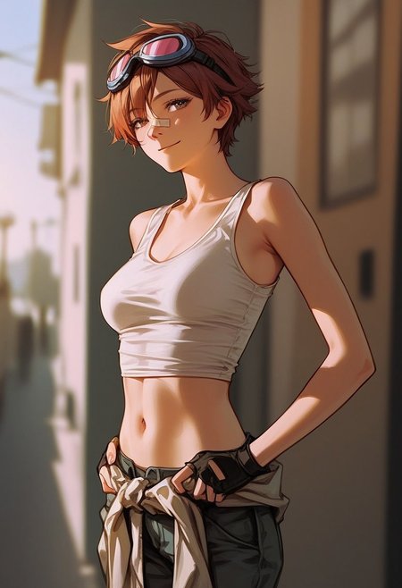score_9, score_8_up, score_7_up, score_6_up, 1girl, short hair, bluster on nose, short tank top, goggles on head, jacket around waist, cute face, pink_facial_mark (heart) under one eye, pants with multiple pockets, fingerless gloves, semi-realism, indoors, brown hair, sleeveless, military pants, tight short tank top, medium breasts, mature seductive woman, hetero, tomboy short hair style, curved body, sexy, navel, dynamic angle, depth of field, slim body, semi-realism, masterpiece, best quality, ultra-detailed, beautiful detailed, high-quality, perfection style, Nose bandage, cute, kawaii, Insanely detailed photograph, Art8st, Anime