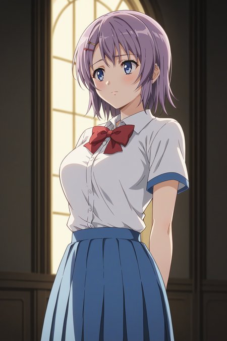 score_9, score_8_up, score_7_up, source_anime, 1girl, prefect lighting, very aesthetic, intricate details, highly detailed background, masterpiece, high quality, prefect hands, best quality, solo,
<lora:Anna_Ichinose_RanSem_V1:.85>, KJOanna, purple hair, light blue eyes, medium hair, hair pin,
school uniform, red bow, blue pleated skirt, 
arms behind back, embarrassed, looking to the side, blush, 
empty warehouse, night,
(Beautiful, medium Breasts:1.2), natural breasts,