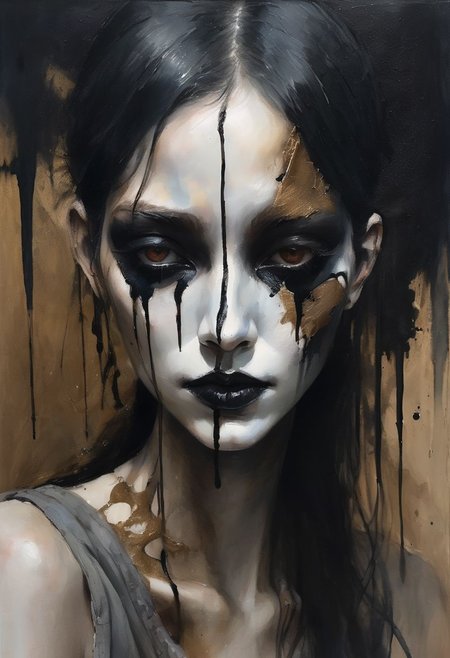 Scumbling painting of a woman with black makeup on her face, no eyes, roughly painted skin, messy paint strokes, by Bastien L. Deharme, gothic art, style of Ashley Wood, bronze and black metal, Sakimichan Frank Franzzeta, beautiful portrait of hopelessness, Ruan Jia and Joao Ruas, watercolors and oil on canvas.
