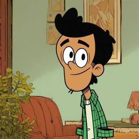 score_9_up, score_8_up, score_7_up, high quality, detailed, 1boy, source_cartoon, Bobby Santiago, male, solo male, human, broad shoulders, black eyes, cartoon style, short black hair, tan skin, slim, athletic build, skinny, stubble, green flannel shirt, white shirt, blue jeans, smiling, looking at viewer, bust shot, living room