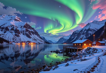 A serene Norwegian fjord bathes in the soft luminescence of winter night, snow-clad backdrop of towering fjord peaks that rise majestically towards the sky. The surrounding landscape is set ablaze by an ethereal display of green hues from the aurora borealis, which dances across the celestial canvas in a swirling ballet of light and color. The air is heavy with an expectant quiet, as if time itself has paused to allow the gentle light from the stars flickering to dance upon the rippling waters, where a mirrored sheen reflects the beauty above. In this fleeting instant, all that exists is a poignant portrayal of the enchanting serenity of Nordic winter nights, where the undulating shadows cast by the aurora mingle with the soft ambient luminescence, as if bound together by an unseen thread of time., ultra-detailed, hyper-detailed, ambient lighting, volumetric lighting, (masterpiece), (Amazing quality), (phenomenal aesthetic), cinematic moment, 8K<lora:FLUX_Ghibsky_Illustrations.safetensors:0.8:1.0>