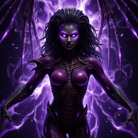 aidmafluxpro1.1, aidmarealisticskin, This is a highly detailed, fantasy photo featuring a powerful, humanoid female figure with a menacing, otherworldly appearance. She stands in the center of the image, surrounded by a swirling, ethereal vortex of dark purple and black cosmic energy. Her skin has a dark, almost black tone, and her eyes glow with an intense, piercing light. She has long, flowing, dark hair that seems to be infused with the same energy as the background, giving it a fiery, electric texture.shot with a sony camera