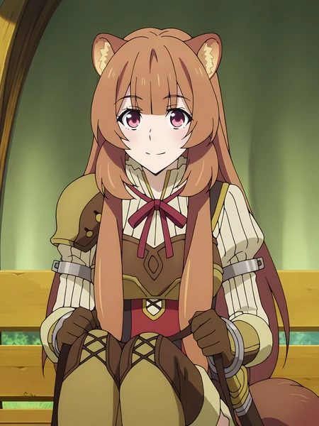 <lora:Raphtalia:0.8>, raphtalia, tate no yuusha no nariagari, 1girl, solo, red eyes, long brown hair, twintails, raccoon ears, raccoon tail, white pleated shirt, long puffy sleeves, red ribbon, red dress, metal armlet, thigh leather boots, asymmetrical leather pauldrons, elbow leather gloves, leather breastplate, metal bracelets, brown belt, sheathed sword, smile, closed mouth, split mouth, sitting on carriage, holding reins, knees up, legs together, upper body, looking at viewer, outdoors