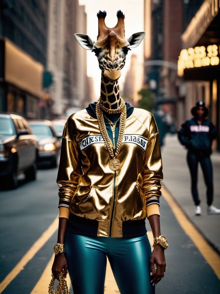 cinematic film still Mesmerizing Editorial Fashion photography of a female anthropomorphic giraffe dressed in large hiphop streetwear style clothes from 1980s,posing like a champ in New York street wearing sneakers and cap and gold chains , addidas, shot on Sony Alpha Î±7, volumetric lighting,, shallow depth of field, vignette, highly detailed, high budget Hollywood film, cinemascope, moody, epic, gorgeous, <lora:SDHK-XL:1><lora:SDHK-XL:1>