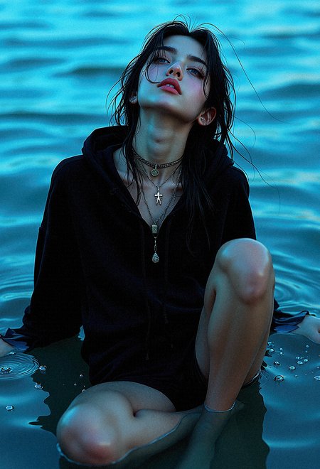 a photorealistic depiction of a woman sitting in shallow water, her wet, dark hair clinging to her face and neck. She wears an oversized black hoodie that slightly clings to her form, creating folds and textures as it interacts with the water. Her expression is vacant, almost melancholic, as she tilts her head back slightly, gazing with reflective, soulful eyes that capture the ambient blue glow. Around her neck are several necklaces and chokers with intricate pendants, adding a touch of alternative style to her otherwise minimalist appearance. The water around her ripples softly, reflecting light in shades of blue and creating gentle patterns on her skin. Bubbles and small waves create a dynamic yet serene setting. The background is softly blurred in cool blue tones, enhancing the surreal and tranquil atmosphere. Focus on achieving a high level of detail, capturing the wet sheen on her hair, the subtle textures of the hoodie, and the delicate reflections on the water’s surface.




























