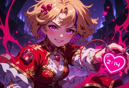 A close-up portrait of a beautiful yet dangerous magical 21yr old woman dressed in a Valentine's Day-inspired battle outfit. Highly detailed, she has short curly blonde hair with (one streak of bright purple), her eyes a lilac tone, (heart-shaped pupils). Her long frilly red and gold dress is adorned with heart-shaped lace and shimmering ribbons, layers of white underskirts underneath, rose pattern embroidered into the dress, under the dress, she wears a long-sleeved embroidered white tunic.  She holds a giant, glowing electronic symbolic heart out to you, a digital timer on the front reads "2:14" on it, connected to the heart with multi-colored wires.  Her eyes sparkle, and she has a mischievous grin, a blush across her face, one cute fang. The background is a dark bokeh smokey battlefield. Highly detailed anime-style rendering, dynamic action pose. <lora:Hand v2:1> Detailed hand, Hand, Perfect hand