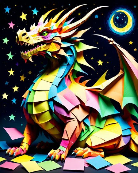 a massive colorful dragon with fine scales made out of Jed-StickyN, laying down curled up asleep, eyes closed, head on front feet, dynamic angle, dark fantasy, epic, intricate details, ultra wide shot, zoomed out, side view, 
<lora:StickyNotesStyle:1>,  <lora:add-detail-xl:0.7>,  <lora:sd_xl_dpo_lora_v1:1>, <lora:xl_more_art-full_v1:0.3>,  set against a  background of a starry sky,