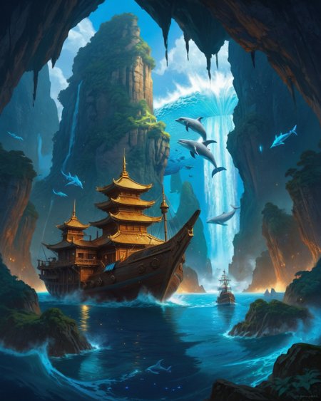 ethereal fantasy concept art of  anime artwork Robert Lyn Nelson (contemporary fluidism), bioluminescent milky way mimicry, supercell mesocyclone, whale blowhole mist, moonbow waterfall spray, iceberg internal blue radiance,,legendary dry dock cities hidden in living iceberg labyrinths, where figurehead carvers trap sea spirits amidst navy spy networks, Origami style, paper art, pleated paper, folded, origami art, pleats, cut and fold, centered composition,,
<lora:iLLMythG0thicL1nes:0.5> G0thicL1nes,
<lora:extremely_detailed:0.7> extremely detailed ,
<lora:add-detail-xl:0.7>,
<lora:softdigital2x2:0.15>,
<lora:EpicF4nta5yXL:0.3>, . anime style, key visual, vibrant, studio anime,  highly detailed . magnificent, celestial, ethereal, painterly, epic, majestic, magical, fantasy art, cover art, dreamy