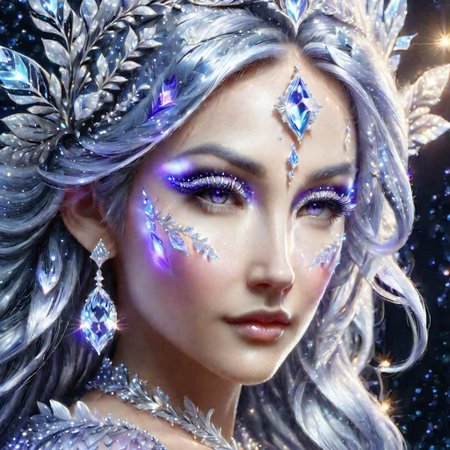 portrait of an epoch elf,  wearing a ((fairy dress, crystalline dress)), she has long glittery silver hair, perfect elven face, symmetrical eyes, fine details best quality, hyperdetailed face, photorealistic, highest quality, best shadow, highly detailed. photography, professional, 4k, 8k HD, professional, purple colors, blue light, blue atmosphere