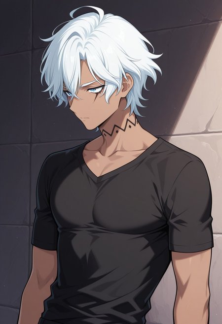 masterpiece,best quality,amazing quality, source_anime,
ifagimpa, 1boy, male focus, solo, dark skin, dark-skinned male, blue eyes, white hair, short hair, neck tattoo, collarbone, shirt, black shirt,