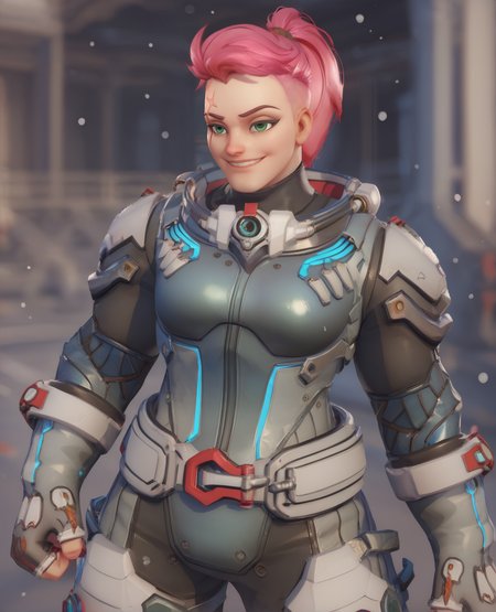score_9,score_8_up,endured_face,score_7_up,
zaryaxl,short hair,pink hair,ponytail,green eyes,right eyebrow scar,left shoulder tattoo,
bodysuit,armor,smile,fingerless glove,standing,bare shoulders,clenched hand, 
science fiction,
base,winter,
solo,<lora:ZaryaOW2:1>,