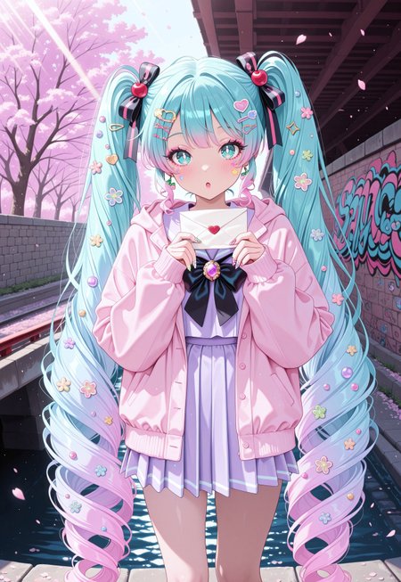 sdpllg, 1girl, hatsune miku, pastel pink hair, pastel blue hair, very long hair, twintails, hair ribbon, aqua eyes, bright pupils, multicolored hair, gradient hair, two-tone hair, hair ornament, (too many hair ornaments:1.2), hairpins, masterpiece, best quality, absurdres,
(yume kawaii, decora:1.2), pastel colors, pastel pink, pastel blue, pastel purple, pastel serafuku, layered clothes, pastel pink jacket, ribbed jacket, hood down, sleeves past wrists, pastel purple blouse, bows, ribbons, earrings, gem brooch, jewelry,
lipgloss, long eyelashes, eyeshadow, blush, kawaii makeup, nail polish, long fingernails, multicolored nails, (nail art:1.2),
outdoors, cherry blossom trees, cherry blossoms, sunbeam, shadows, bridge, stone bridge, river, path, wall, graffiti, (under bridge),
solo, feet out of frame, :o, looking at viewer, hands on own chest, holding letter, love letter, sticker on face, sticker on hair,
intricate, highly detailed, majestic, shallow depth of field, movie still, circular polarizer, light particles, particles