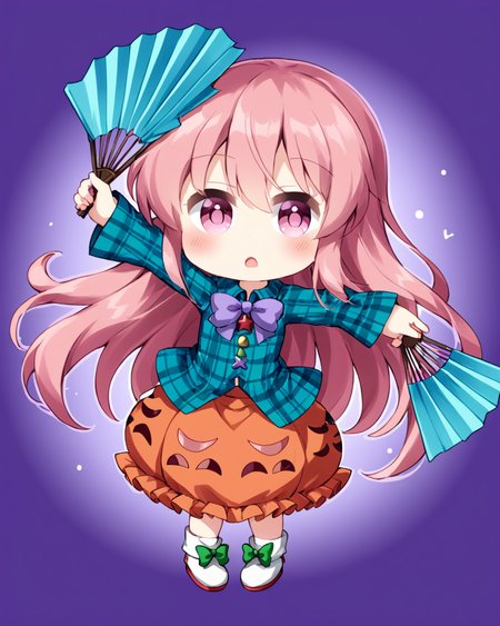 hata no kokoro,1girl, solo, plaid_shirt, long_sleeves, bubble_skirt, open_mouth, holding_fan, footwear_bow, full_body, mask_on_head, collared_shirt, purple_background, blush, purple_bow, green_bow, bowtie, circle, green_shirt, character_name, aqua_shirt, white_footwear, orange_skirt, triangle, blue_bow, folding_fan, signature, boots, chibi
<lora:hata_no_kokoro_image5070_2023-12-20:1>,star-shaped_pupils,symbol-shaped_pupils,. gorgeous,key visual, vibrant, studio anime,award-winning, professional, highly detailed,high budget, cinemascope