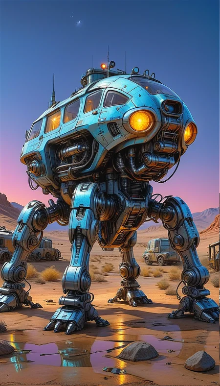 (cel-shading:2)+, (in ARTIST style:1.6), (masterpiece:1.7),  glow blue neon, hyperrealism, glossy, shinny, clear image, accurate picture, clear picture, precise image, focused image, Science fiction style, Science fiction, (cozy comfy, no humans, science fiction, vehicle focus, robot, neon night wasteland background, mecha, multi legged vehicle,transparent silver mirror paint, mecha) comic style, (ultra sharp focus:2), (thin lines:2), (best quality:1.8),
(masterpiece:1.8), (highest detailed:1.8), perfectly lighted, (contrast), (saturated), (((sharp focus))),
(hyperdetailed:1.3), (intricate details:1.2), (Refined details:1.3), (best quality:1.5), highly detailed textures,
(ultra sharp focus:1.8), (detailed texture:1.8), (detailed edges:1.8), (thin lines:1.8), (best quality:1.8),
<lora:Apparatus_-_Traction_City_Walkers_Vehicles:0.8>,