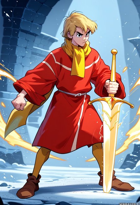 Saltydogstyle, score_9, score_8_up, score_7_up, CuteCartoonStyle,action pose, attacking stance, stabing stance, dynamic pose,  1boy, solo, male focus, Arthur, Blonde Hair, Black Eyes, Red Robe, Yellow Scarf, Tan Leggings, Brown Shoes, SaltyDogStyle, digital artwork, powerful, muscular male, muscular character, standing, holds a glowing ethereal sword, golden sword's hilt, 1boy, male, focus,, weapon, solo, holding, holding, weapon, sword, full, body, 1boy, male, focus,  weapon, solo, holding, holding, weapon,