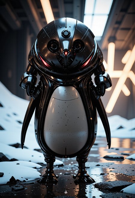 A penguin waddling with an oval body and triangular feet.,<lora:geometric_shapes_v1.0:1.0>, geometric_shapes, <lora:ck-Sci-Fi-Concepts-000015:0.2>, in the style of ck-sfc, <lora:scifi-robot-flux-v1:0.2>, scifi robot, <lora:scifi-room-flux-v1:0.2>, scifi room, <lora:Sci-fi_env_flux:0.2>, <lora:UNI_FI_NoCAP:0.2>, cinematic lighting, futuristic, sci-fi, plastic, glossy paper, iso150, 35mm, score_9, intricate details, Hyperrealism style, 3d, concept-art, dreaminess, psychedelic, shallow-depth-of-field, cinematic lighting, soft bokeh, very beautiful composition, Unreal, real-time 3D, Epic Games style, Unreal Engine style, 3d-rendering, vibrant contrast depth and shadow enhanced using (Gaussian blur) for a soft background focus, (sharpen filter) applied, (color grading) to enhance contrast between warm and cool tones, (noise reduction) for a smooth, clean finish, (HDR toning) used for extra depth and detail, highly detailed dreamy background detailed skin texture, subsurface scattering award-winning, professional, highly detailed, dreamlike, mysterious, provocative, symbolic, intricate, detailed, hyper-detailed, masterpiece, award winning, midjourneyv6.1
