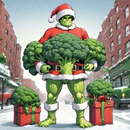<lora:xmas-broccoli-man:0.8>xmasbroccoliman,city