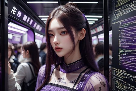 highly insanely detailed, masterpiece, top quality, best quality, highres, 4k, 8k, RAW photo, (very aesthetic, beautiful and aesthetic),  
(code_style,codestyle),english text,(sympattern,geometric pattern),vignette, 
<lora:CodeStyle (half generic class)_564920:0.5>, 
(1girl:1.3), 1other, 
crowded train interior,(pure purple background,transparent background:1.2),âââ