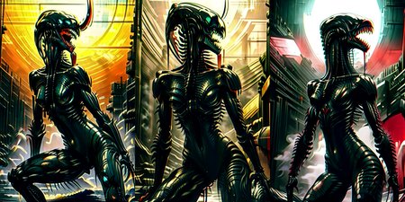 (otherworldly), highly insanely detailed, masterpiece, top quality, best quality, highres, 4k, 8k, RAW photo, (very aesthetic, beautiful and aesthetic), 
__lazy-wildcards/cosplay-char/alien-predator/xenomorph/prompts__, 
<lora:FemXeno:0.8>, 
(1girl:1.3), eyes focus, 
__lazy-wildcards/dataset/background__,âââ