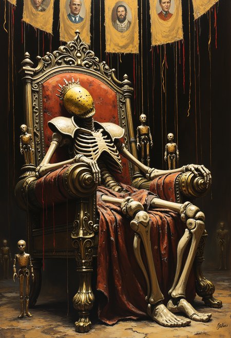 thepaintedrealm. An oil painting of a skeletal king slumped upon a throne of tangled marionette strings, his limbs warped into wooden joints. A gilded mask hides half his face, while hollow, glassy eyes stare blankly ahead. Crimson-stained strings vanish into the darkness above, held by unseen hands.
The throne is built from shattered puppets, some lifeless, others twitching as if resisting their fate. Faded banners hang in a decaying theater, portraits of past rulers watching in silence. The thick brushstrokes give an eerie textureâdust swirling in golden light, cracked paint revealing something shifting beneath.
With a sharp pull of the strings, the king begins to rise.