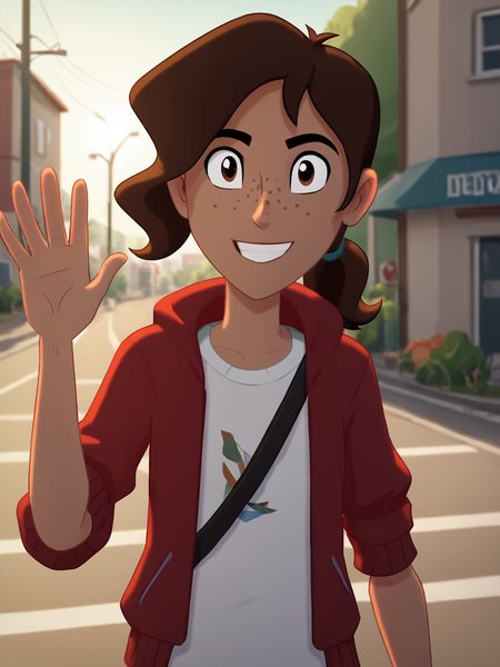 score_9, score_8_up, score_7_up, BREAK, Jun3D3lT0r0, 1girl, solo, brown hair, brown eyes, ponytail, freckles, white shirt, red jacket, smile, upper body, raise left arm, day, outdoor, waving, looking at viewer, Volumetric Lighting, sunlight, shadows, natural lighting,   <lora:June Del Toro:1>