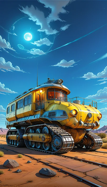 (cel-shading:2)+, (in ARTIST style:1.6), (masterpiece:1.7),  night, glow neon,
hyperrealism, glossy, shinny, clear image, accurate picture, clear picture, precise image, focused image, Science fiction style, Science fiction,
(ground vehicle, motor vehicle, sky, no humans, cloud, outdoors, vehicle focus, train, truck, scenery, day, military, Tracked Vehicle, Traction City, yellow paint, house)
night, glow neon,
(masterpiece:1.8), (highest detailed:1.8), perfectly lighted, (contrast), (saturated), (((sharp focus))),
(hyperdetailed:1.3), (intricate details:1.2), (Refined details:1.3), (best quality:1.5), highly detailed textures, vibrant colors,
(ultra sharp focus:1.8), (detailed texture:1.8), (detailed edges:1.8), (thin lines:1.8), (best quality:1.8),
<lora:Apparatus_-_Traction_City_Walkers_Vehicles:0.8>,