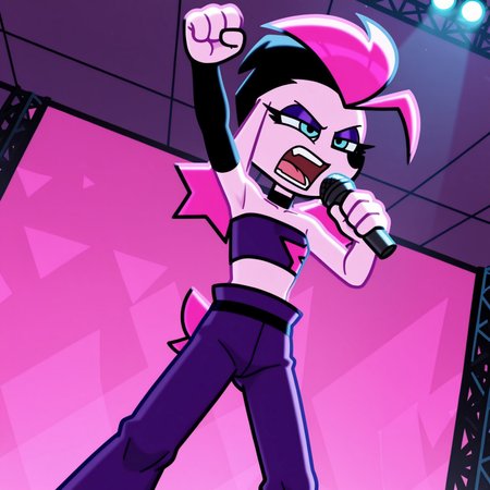 uncensored, masterpiece, best quality, highly detailed, realistic, 1girl, solo, FifiDS, female furry, anthro, canine, dog, poodle, pink hair, black hair, two tone hair, purple eyeshadow, black eyebrows, thin eyebrows, floppy ears, blue eyes, narrowed eyes, black pupils, black nose, light-pink skin, flat chested, purple topwear, strapless top, purple pants, black choker, black armwarmer, feet out of frame angry, open mouth, teeth, standing, performance, stage, indoors, front view, from below, dutch angle,  detailed background, three-quarter portrait, (4 fingers, holding mic, singing), arm up, fist bump, clenched fist, lighting, 