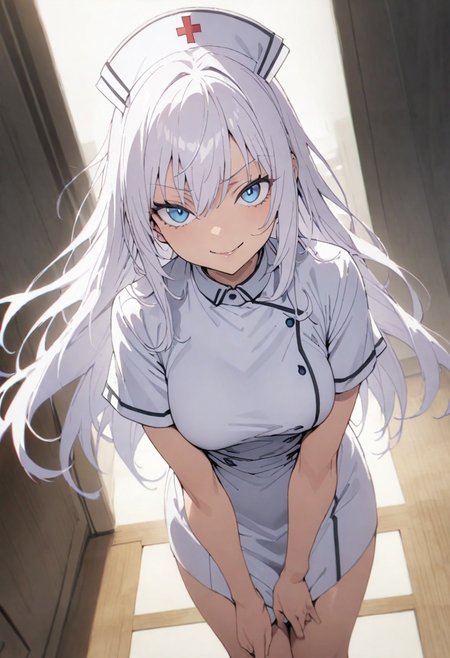 score_9, score_8_up, score_7_up, score_6_up, masterpiece, best quality, absurdres, cinematic, dynamic angle, perfect composition, solo, 1girl, medium breast, gojou satoru, blue eyes, white hair, long hair, nurse outfit, smirk, standing, looking at viewer,