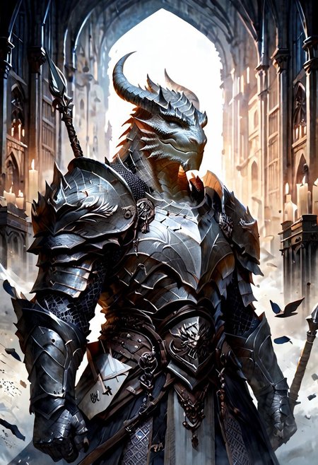 score_9, score_8_up, 8, score_7_up, score_6_up, solo,  massive dragonborn with strong armor, in the cathedral , dutch angle, scale mail armor, 40 year old, FFAOR,